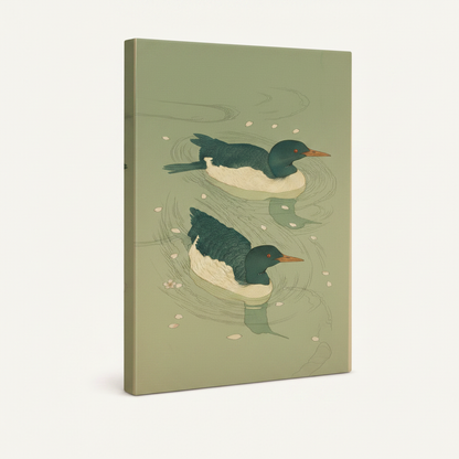 Gallery-wrapped Japanese ducks canvas, angled product view showing thin olive green side edge