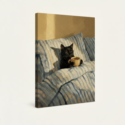 Gallery-wrapped black cat coffee canvas print displayed at angle showing painted canvas side