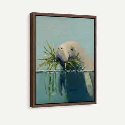 Dark walnut floater frame canvas closeup showing manatee seagrass artwork depth and impasto brushstroke texture
