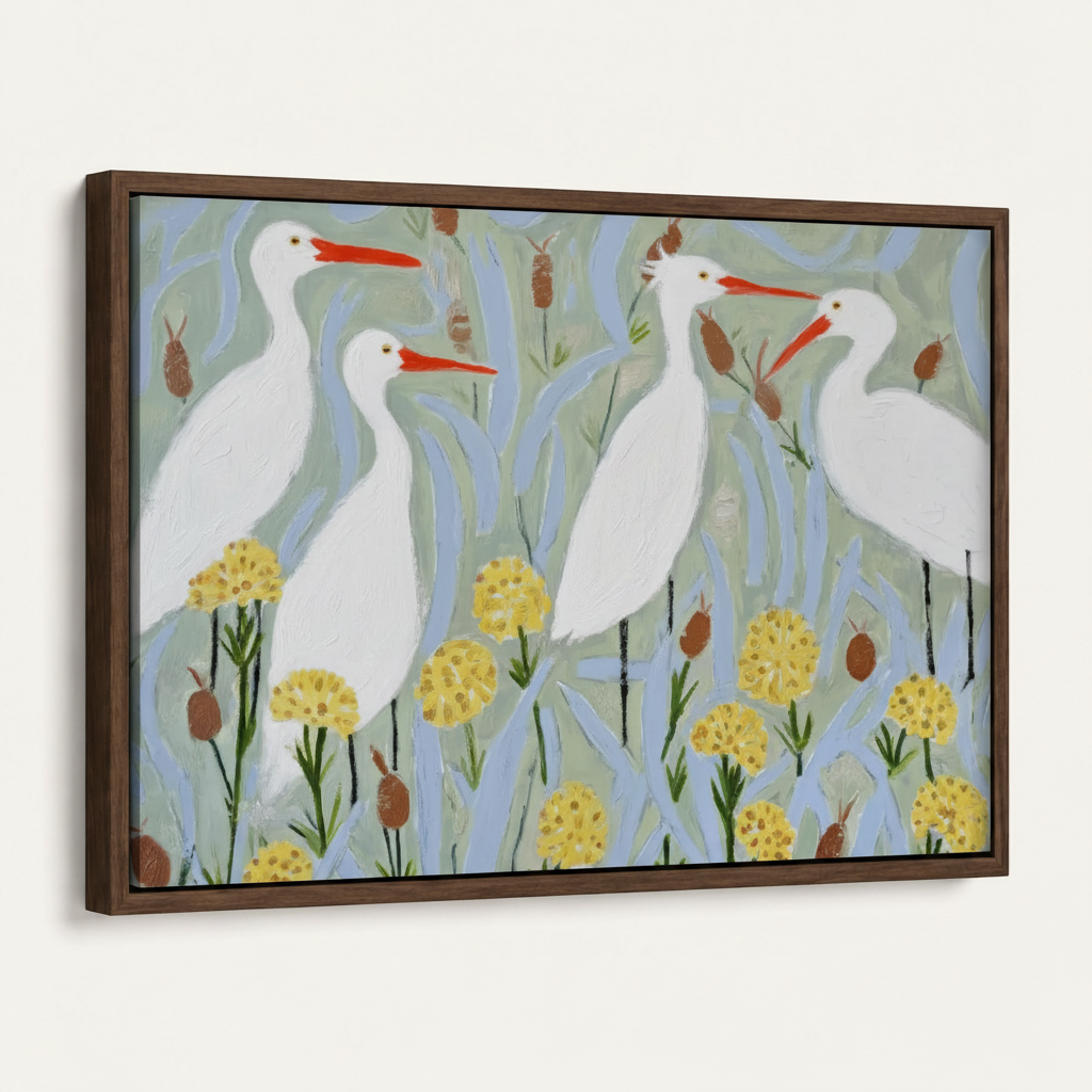 Dark walnut floating frame canvas of four egrets in wetland folk art painting, angled product view on white background