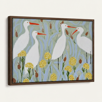 Dark walnut floating frame canvas of four egrets in wetland folk art painting, angled product view on white background
