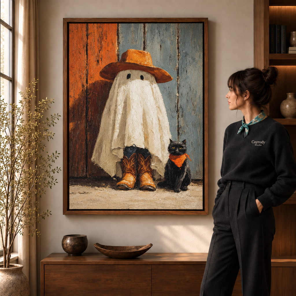 Cowboy ghost Halloween canvas wall art in a walnut frame above a wooden sideboard beside a tall window