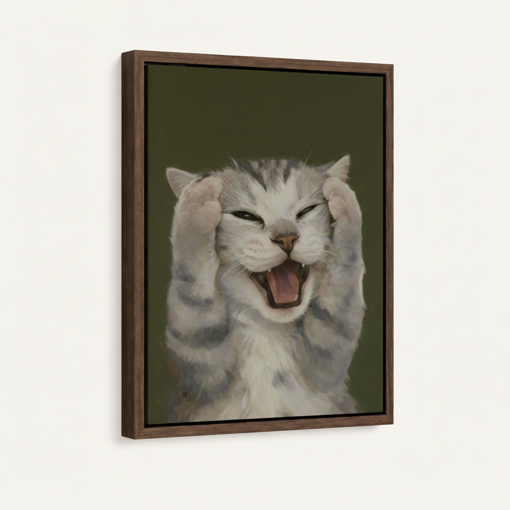 Close-up of framed funny cat canvas showing walnut floater frame detail and expressive tabby portrait