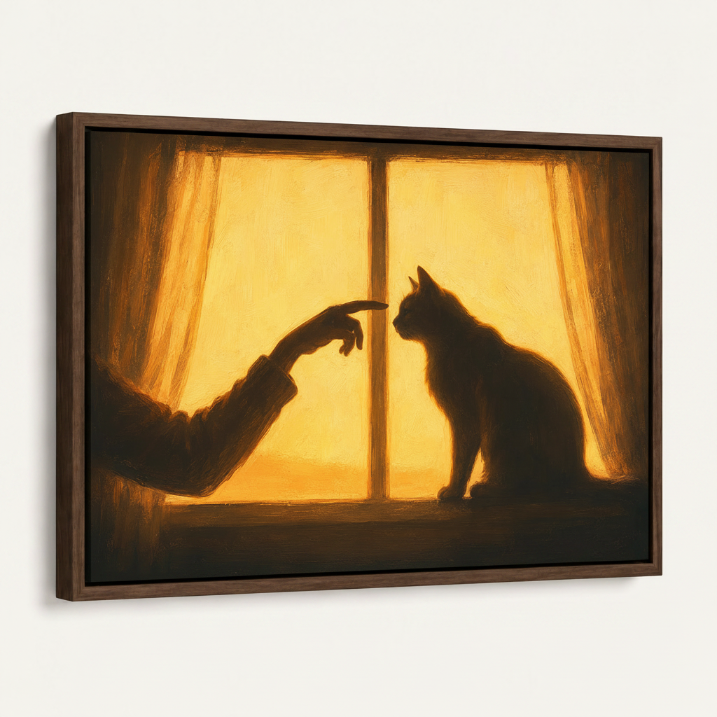 Dark walnut float-framed sunset cat silhouette canvas print, angled product view on white background