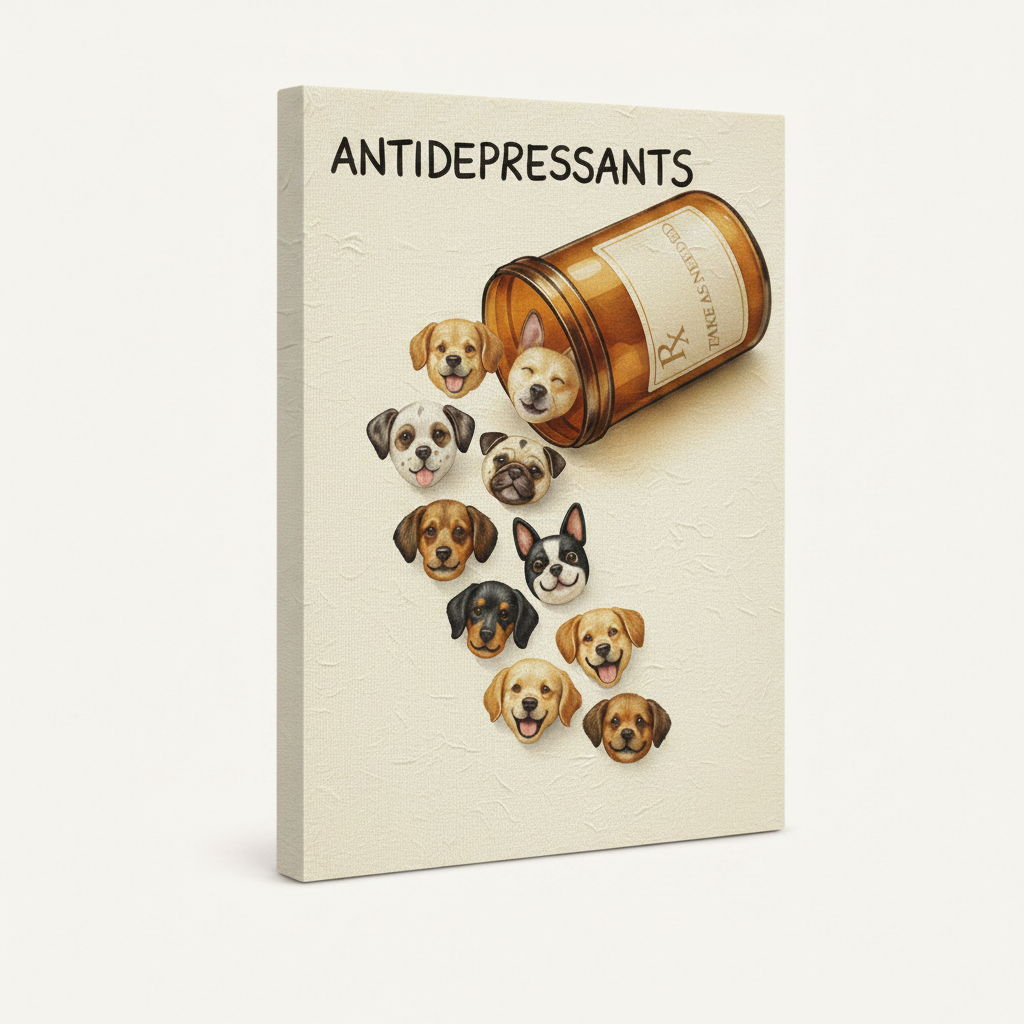 Gallery-wrapped antidepressants dog breeds canvas print on white background, angled 3/4 side view