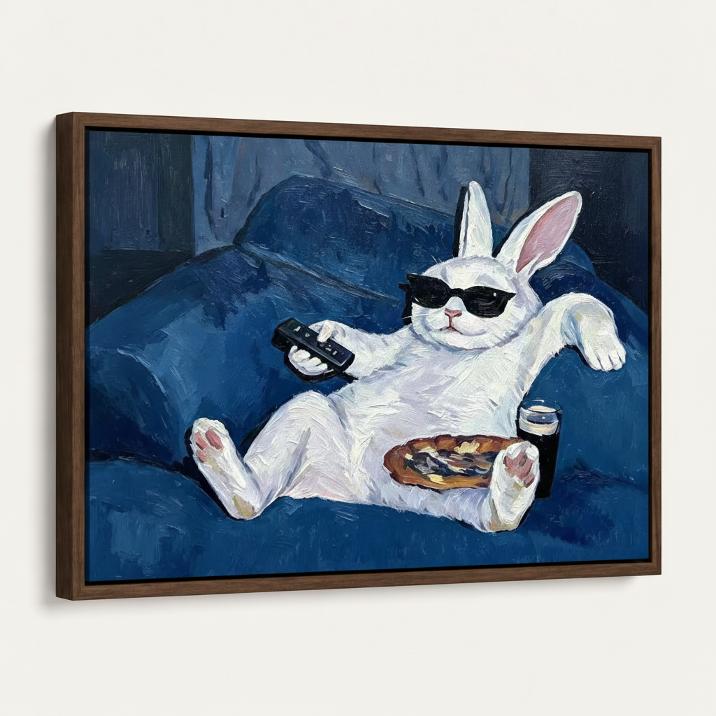 Framed canvas print of white rabbit lounging on blue sofa, dark walnut float frame, 45-degree view