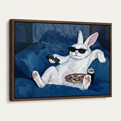 Framed canvas print of white rabbit lounging on blue sofa, dark walnut float frame, 45-degree view