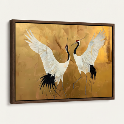 Dark walnut floating frame canvas of dancing cranes gold painting, angled product view on white background