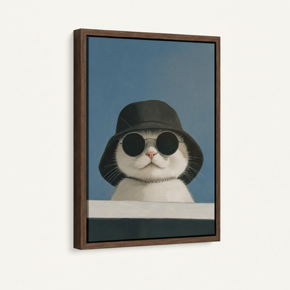 Framed cool cat bucket hat canvas in dark walnut floating frame 3/4 angle view on white background