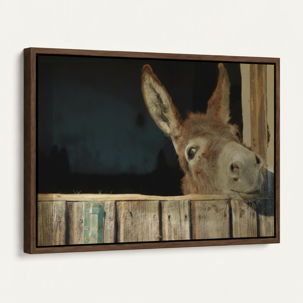 Dark walnut floating frame canvas with farmhouse donkey painting, angled product view on white background