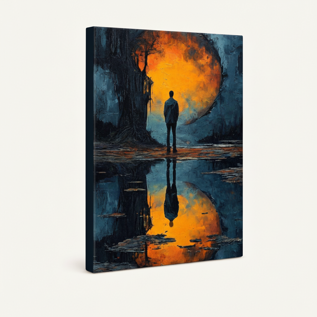 Gallery-wrapped lone figure amber portal painting canvas showing wrap depth and dark side edges on off-white background