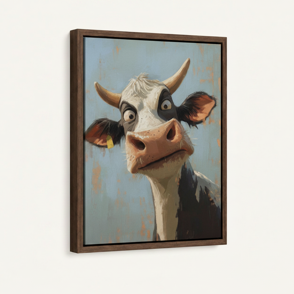 Black-and-white dairy cow caricature canvas in wide dark walnut float frame 3/4 angle product mockup on cream background