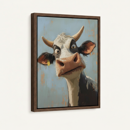 Black-and-white dairy cow caricature canvas in wide dark walnut float frame 3/4 angle product mockup on cream background