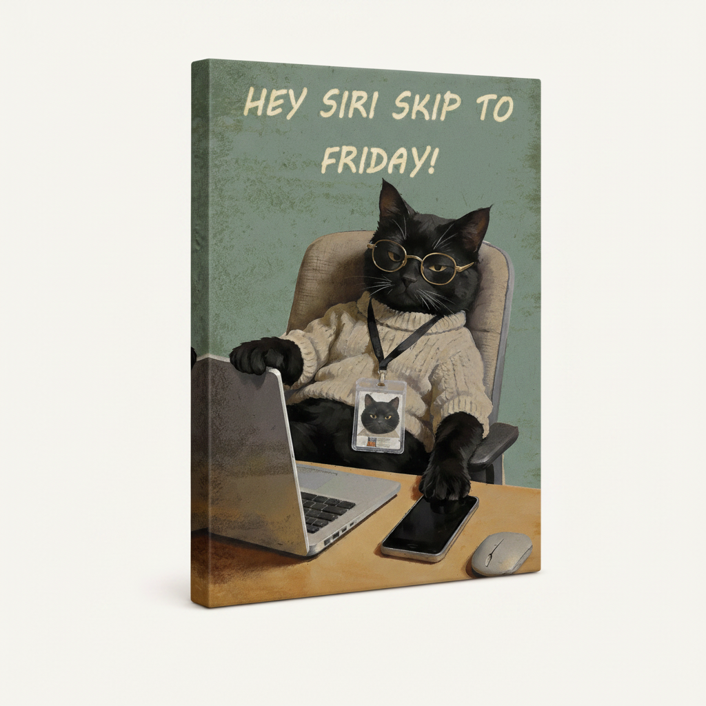  Gallery-wrapped funny cat canvas print angled product view, office humor wall art