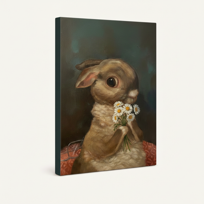 Gallery-wrapped rabbit daisy oil painting canvas print angled view showing deep teal wrapped sides and paint detail