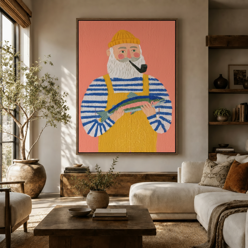 Large bearded fisherman folk art canvas wall art hung above sideboard in warm modern living room
