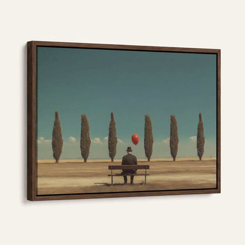 Angled product shot of framed canvas art featuring lone man on bench with red balloon