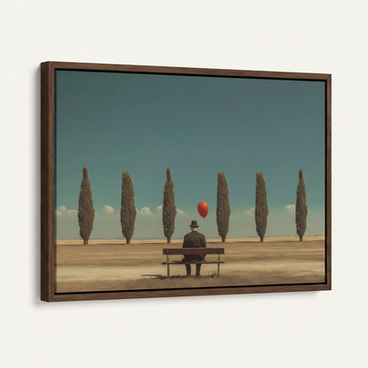 Angled product shot of framed canvas art featuring lone man on bench with red balloon