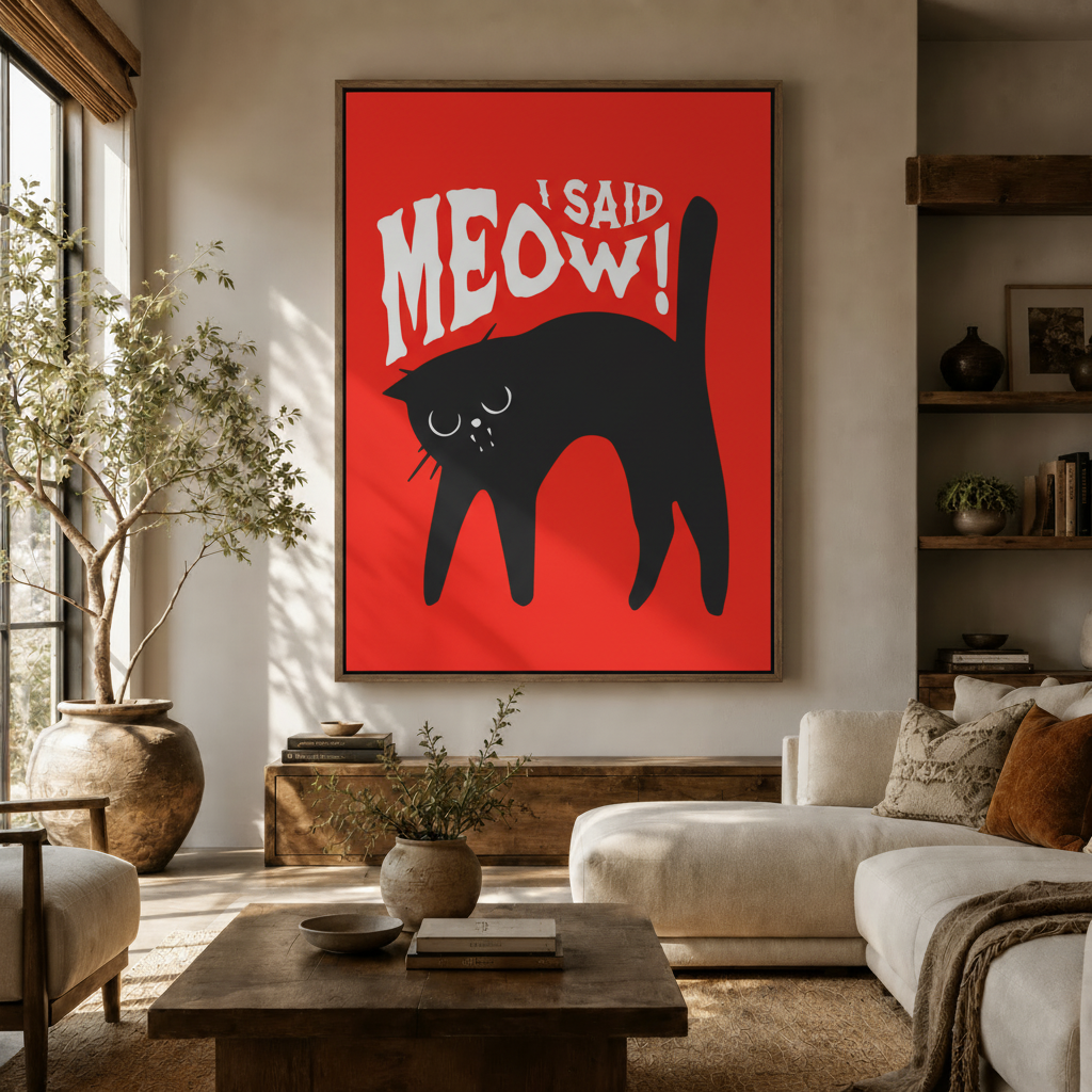 Large red pop art black cat canvas wall art hung above sideboard in warm modern living room