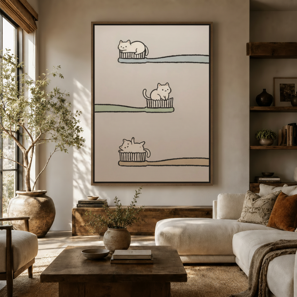 Funny minimalist cat line art canvas above sideboard in warm modern living room