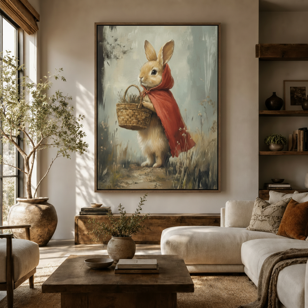 Classical bunny red cape illustration canvas wall art hanging in warm modern living room with olive tree and sofa