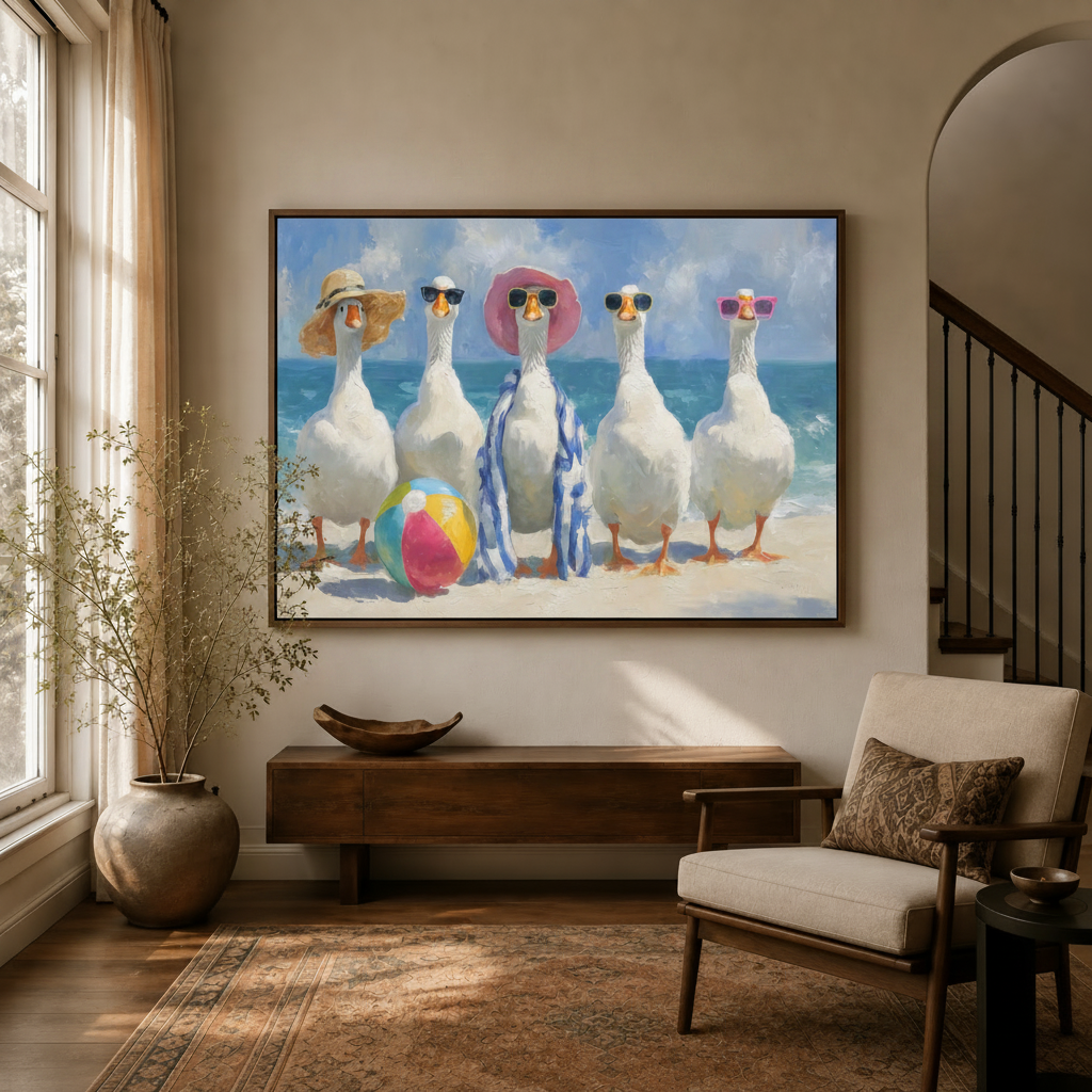 Funny geese beach vacation impasto canvas art hanging in warm entryway beside staircase and linen armchair