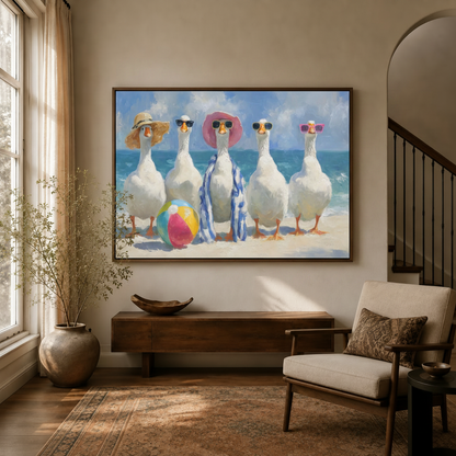 Funny geese beach vacation impasto canvas art hanging in warm entryway beside staircase and linen armchair