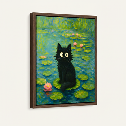 Black cat impressionist canvas print in dark walnut float frame shown at an angle on cream background