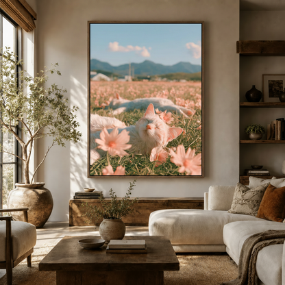 Dreamy floral cat canvas wall art hanging in warm modern living room with olive tree and white sofa
