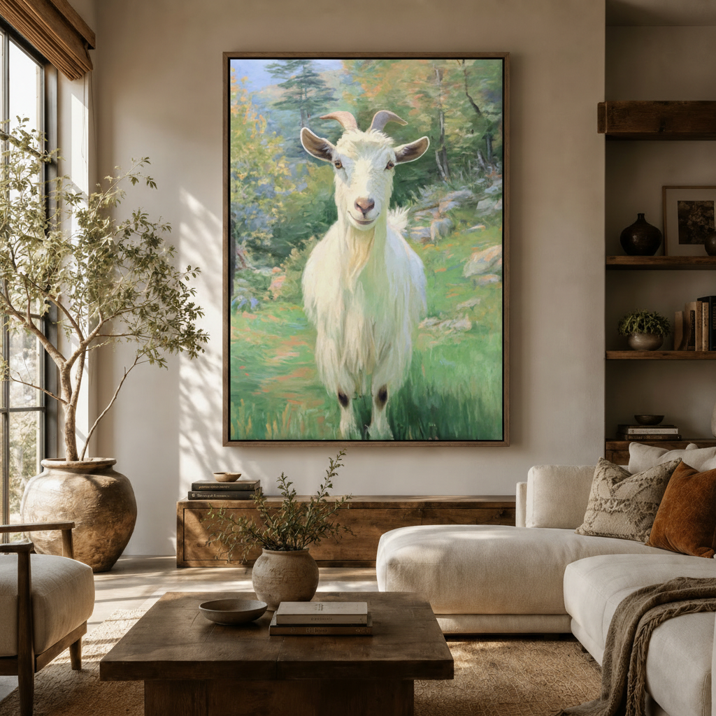 Peaceful white goat meadow realistic portrait canvas above dark wood sideboard in warm organic living room