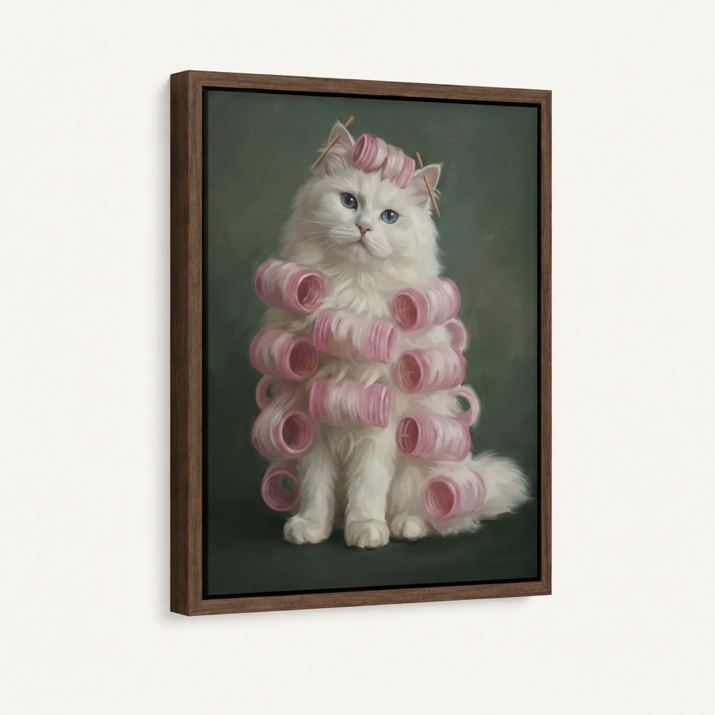 Framed canvas wall art of a white Persian cat in pink hair rollers, dark walnut float frame, angled product view