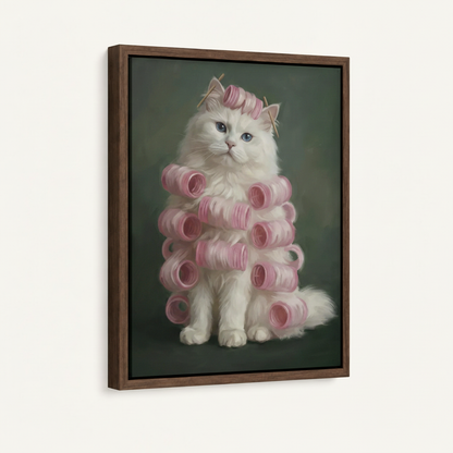 Framed canvas wall art of a white Persian cat in pink hair rollers, dark walnut float frame, angled product view
