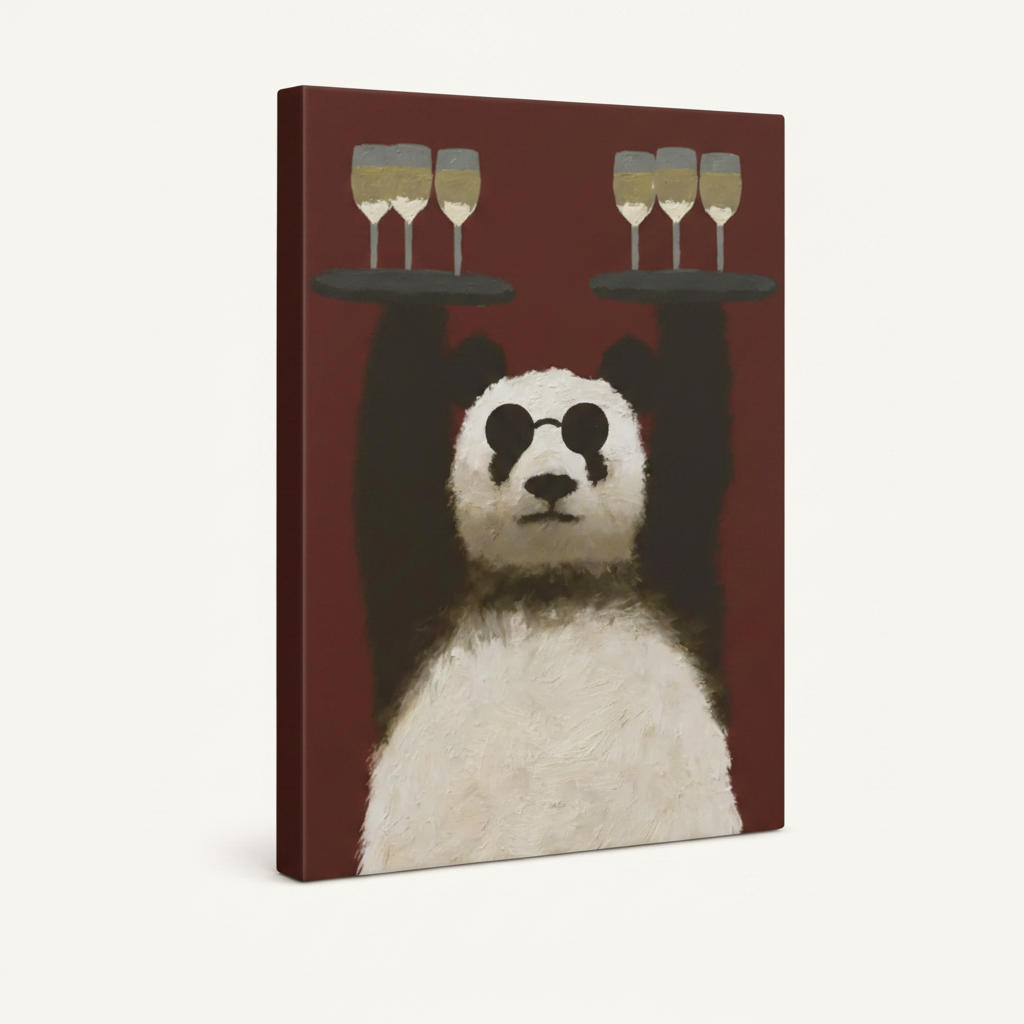 Dark walnut float frame canvas art print of panda waiter with burgundy red background