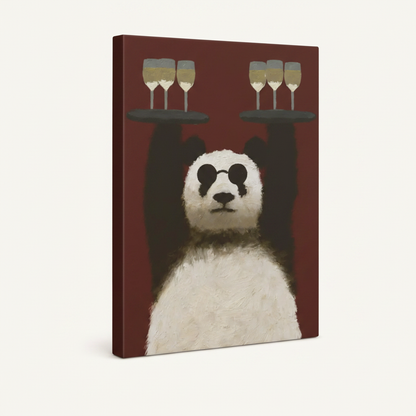 Dark walnut float frame canvas art print of panda waiter with burgundy red background