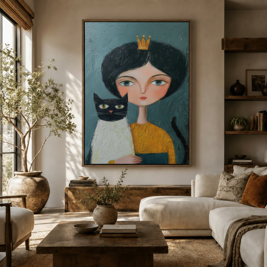 Large folk art girl crown cat canvas wall art hung above sideboard in warm modern living room