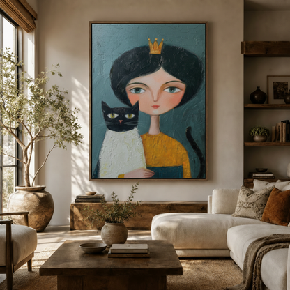 Large folk art girl crown cat canvas wall art hung above sideboard in warm modern living room