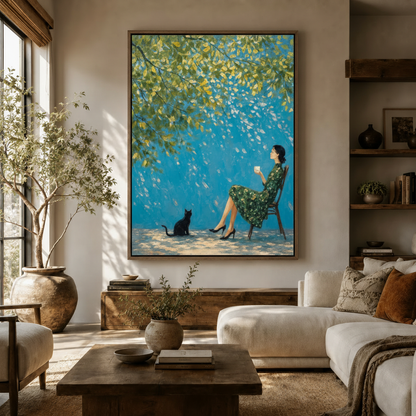 Large blue impressionist woman black cat canvas wall art hung above sideboard in warm modern living room