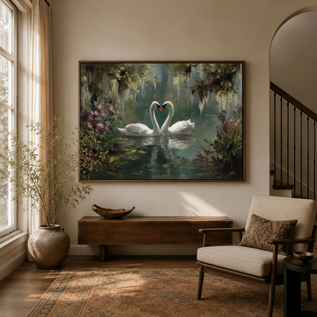 Classical romantic two swans heart canvas art hanging in warm entryway beside staircase and linen armchair