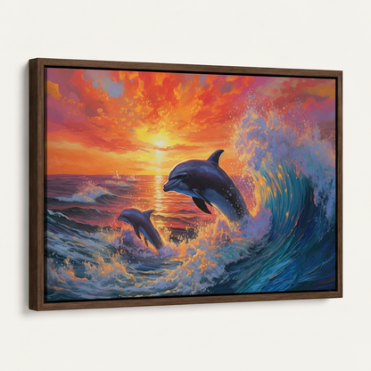 Dark walnut floater frame dolphin sunset canvas wall art angled product view on clean white background