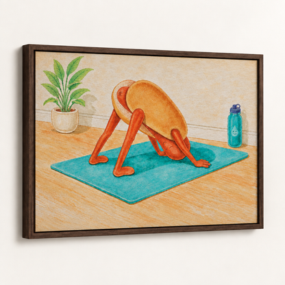 Whimsical watercolor hot dog yoga artwork in a dark walnut floating frame with visible edge depth on a clean background.
