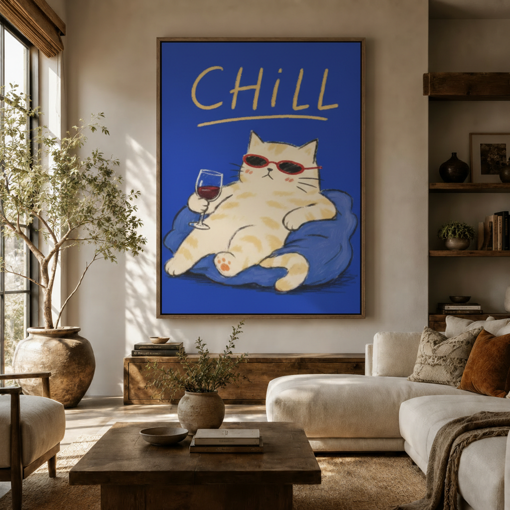 Large funny chill cat kawaii canvas wall art hung above sideboard in warm modern living room