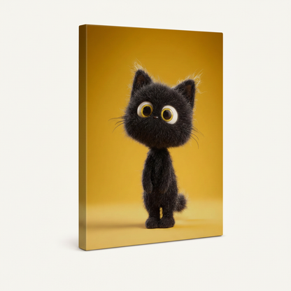 Cute 3D black kitten with big golden eyes gallery-wrapped canvas displayed on a neutral white wall