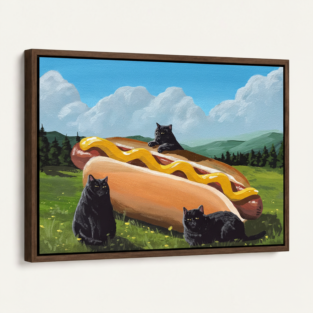 Framed black cat hot dog canvas wall art shown on a clean white background