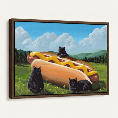 Framed black cat hot dog canvas wall art shown on a clean white background