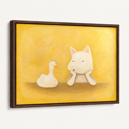 Framed duck and dog canvas wall art shown at a slight angle on a clean white background