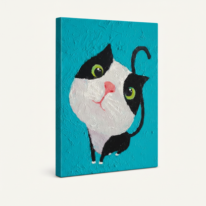 Black and white kitten impasto canvas print gallery wrapped style shown at angle on white background