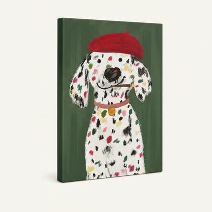 Gallery-wrapped Dalmatian artist dog canvas print, angled view showing thick canvas sides