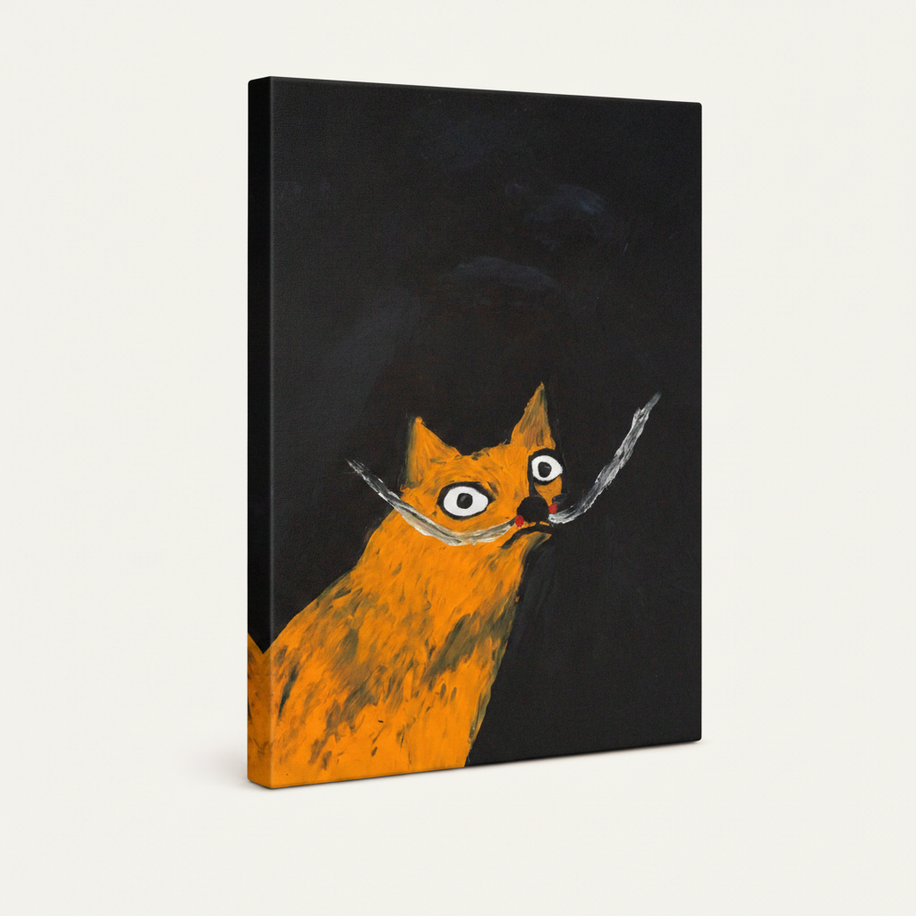Orange cat folk art gallery-wrapped canvas print shown at angle on white background