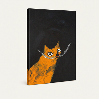 Orange cat folk art gallery-wrapped canvas print shown at angle on white background