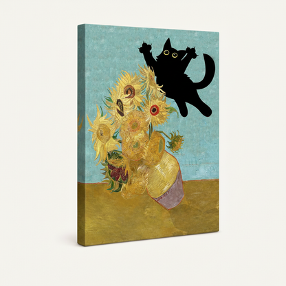 Gallery-wrapped funny cat sunflower canvas showing side depth on cream background